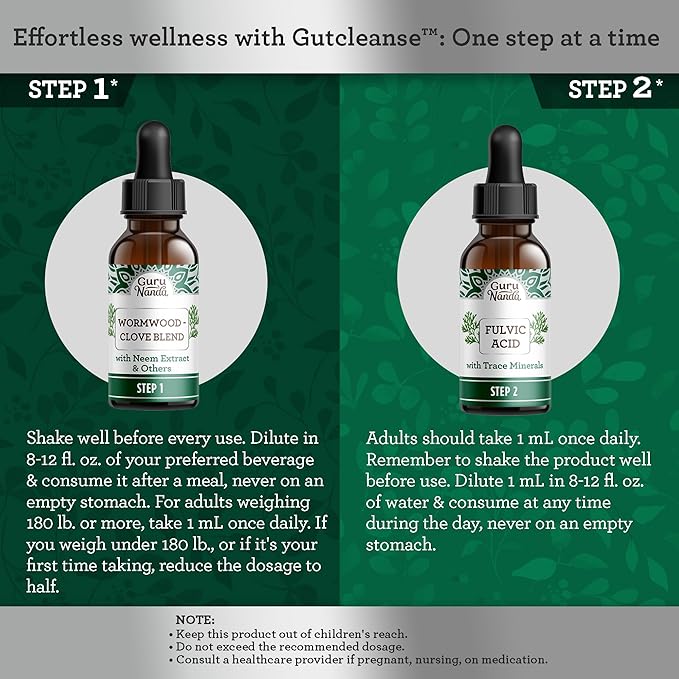 GuruNanda Gutcleanse 2-Step Kit - Dietary Supplement to Help with Digestion - Blend of Fulvic Acid, Wormwood, Clove & Neem Extract, 2x1 FlOz