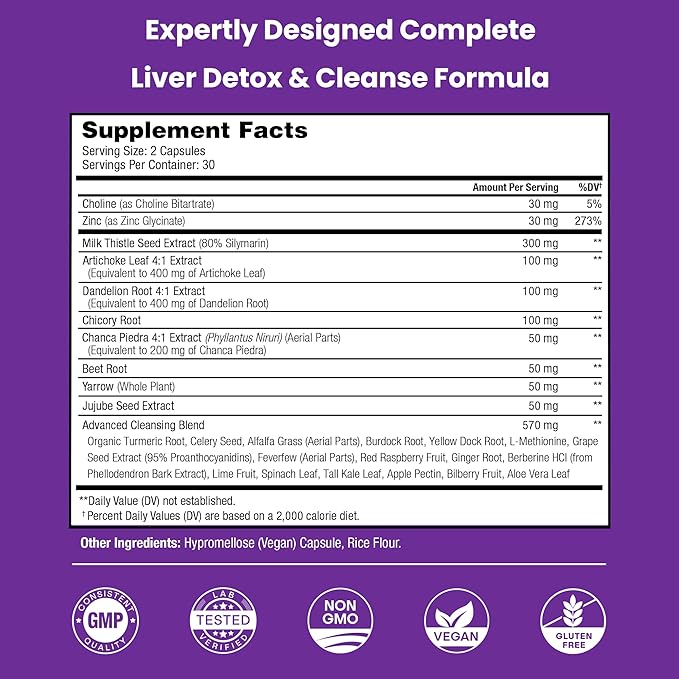 Liver Cleanse Detox & Repair Formula | 20+ Herbs: Milk Thistle Extract with Silymarin, Artichoke, Dandelion, Chicory Root Powder & More! | Premium Liver Support Pills Supplement, 60 Capsules