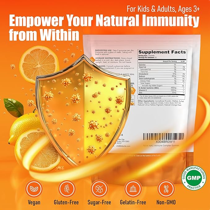 Sugar-Free NAC Gummies (Immune Support Complex) N-Acetyl Cysteine, Vitamin C & Zinc - Supports Respiratory Health, Liver Detox & Cleanse, Kidney Function, NAC Supplement for Kids and Adults - Vegan