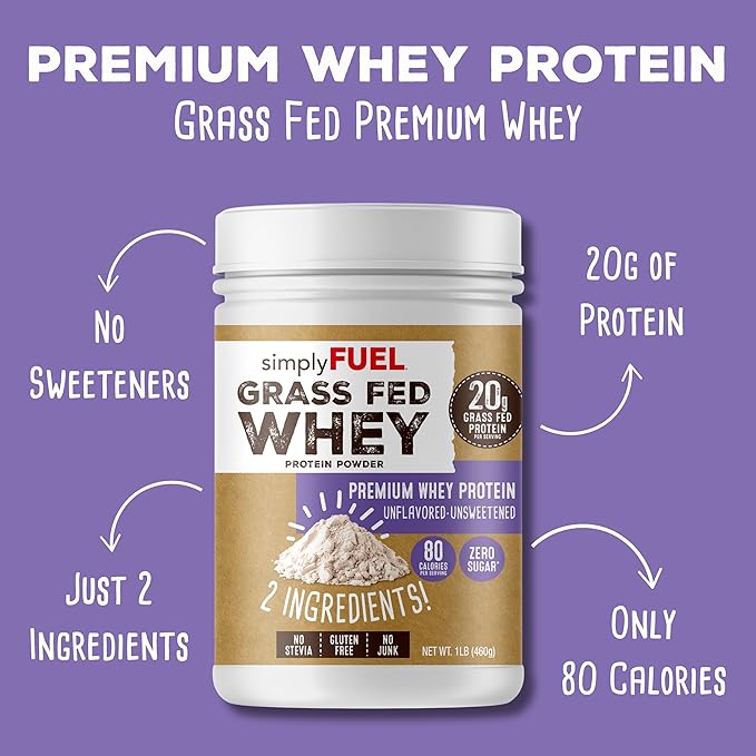 100% Grass Fed Whey Protein Powder - Only 2 Ingredients, Unflavored, Unsweetened, Gluten Free, No Soy, 20g Protein - Zero Sugar, No Carb Clean Protein - Muscle Growth and Recovery 1LBS