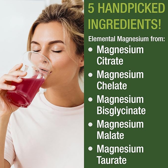 5-in-1 Magnesium Powder Drink for Women & Men. Magnesium Glycinate + Citrate + Malate + Chelate + Taurate. Great Tasting Vegan Supplement for Muscle Relaxation, Sleep, Cramps. Berry Flavor