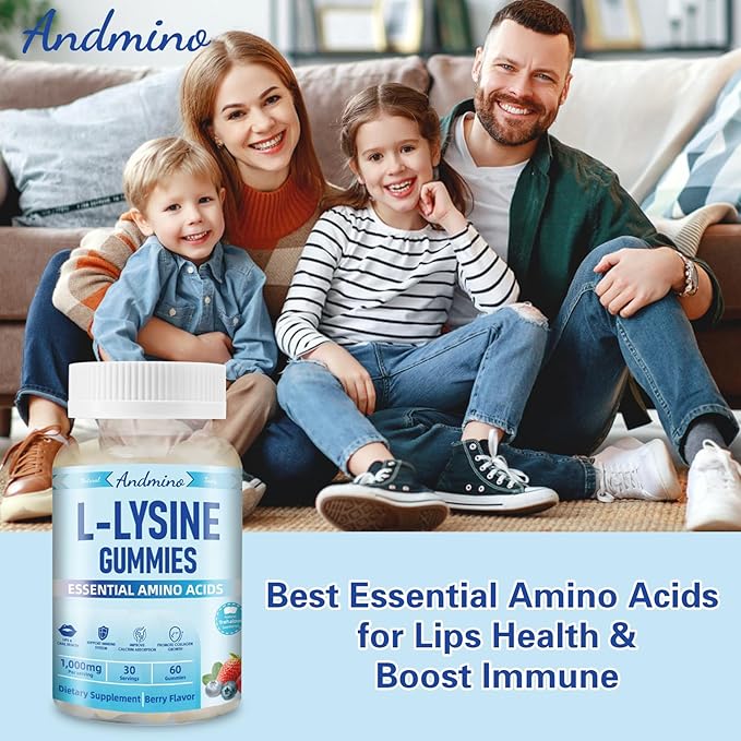 L-Lysine Gummies 1000 mg, with Trehalose, L Lysine Gummies for Lips & Oral Wellness, Immune Support & Collagen & Calcium, for Adults & Kids, Non-GMO, Vegan, Gluten Free, Berry Flavor, 60