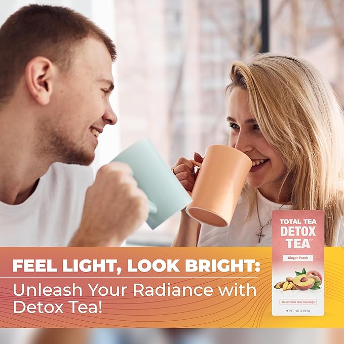 Total Tea SIimming Detox Tea Caffeine Free - 25 Day Detox Tea - Herbal SIim Tea with Chamomile, Hibiscus Tea & Ginger Root for Colon Cleanse – Natural Herbal Ginger & Peach Tea for Digestive Health (25-Pack, Ginger & Peach)