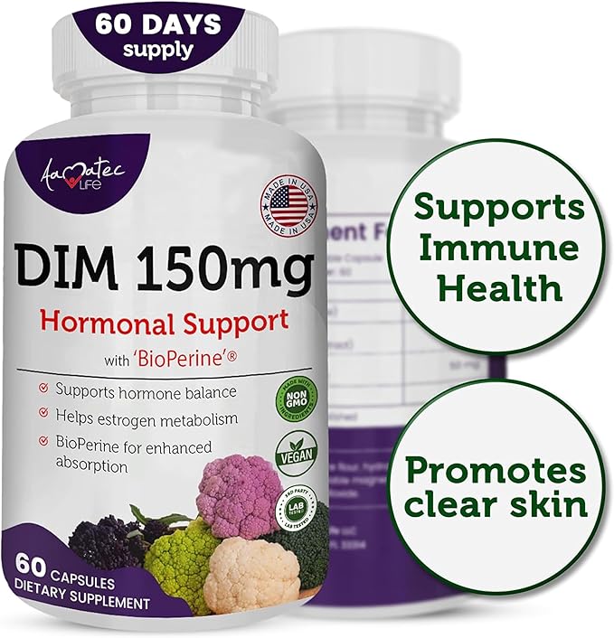 Women’s DIM Complex 150mg - Bioperine Estrogen Balancing Pills for Menopause & Hot Flashes Relief Support Hormonal Acne Powerful Supplement - 60 Capsules - Made in USA