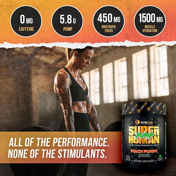 ALPHA LION Superhuman Pump Pre Workout Powder, Nootropic Caffeine & Stim Free Preworkout Supplement, Nitric Oxide Booster, Muscle Gainer, Energy & Focus (42 Servings, Peach Pumps Flavor)