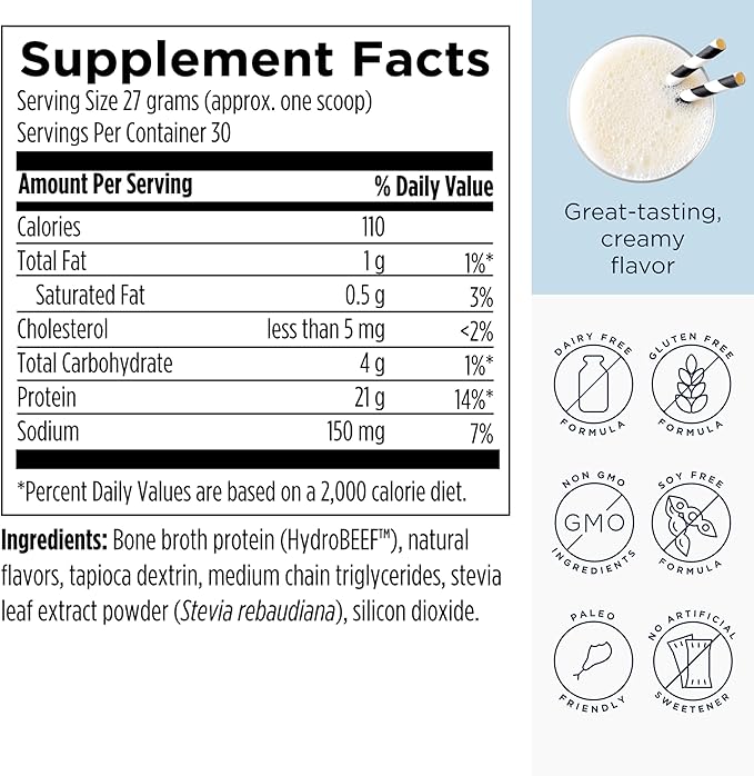 Designs for Health PurePaleo Collagen Protein Powder - 21g HydroBEEF Bone Broth Protein Supplement with Collagen Peptides + BCAAs - Vanilla, Non-GMO, Dairy-Free + Gluten-Free (30 Servings / 810g)