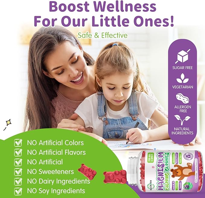 Magnesium Gummies for Kids - Magnesium Glycinate, L-Threonate Supplement with L-Theanine, Vitamin B6, D3 for Adults & Kids - Support Calm, Sleep, Relaxation, Brain, Bones, Sugar Free Grape 60ct