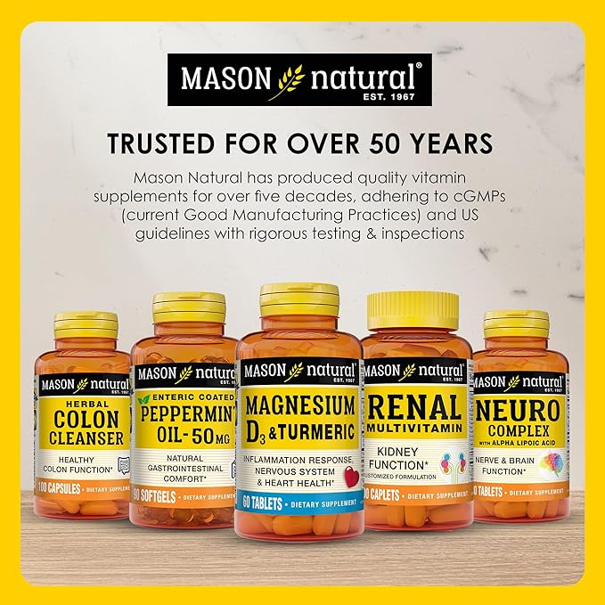 MASON NATURAL Magnesium & Vitamin D3 with Turmeric - Healthy Heart and Nervous System, Strengthens Bones and Muscles, Improved Joint Health, 60 Tablets (Pack of 3)