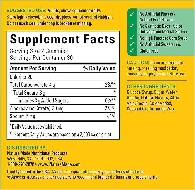 Nature Made Extra Strength Zinc Supplements 30 mg, Dietary Supplement for Immune Health and Antioxidant Support, 60 Zinc Gummies, 30 Day Supply
