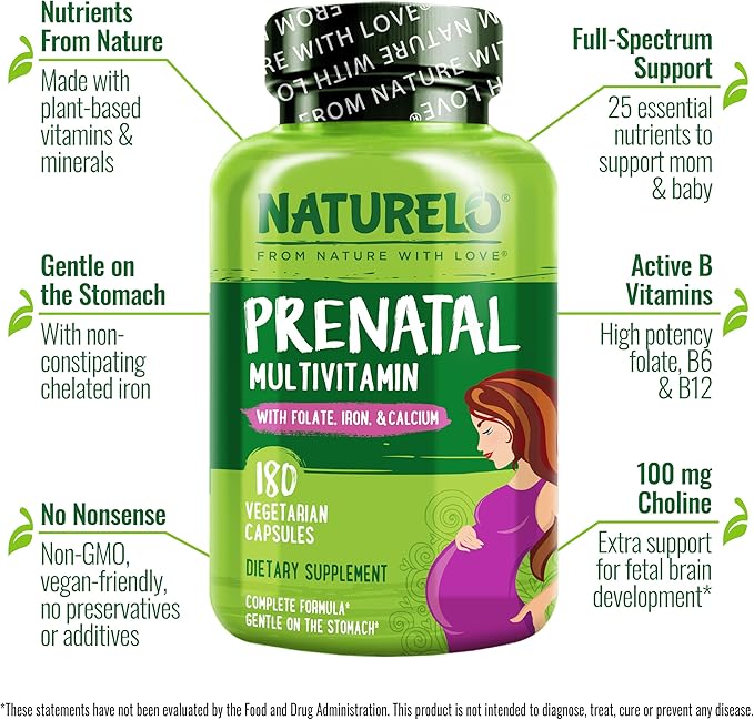NATURELO Prenatal Multivitamin with Gentle Chelated Iron, Methyl Folate, Plant Calcium & Choline - Vegan, Vegetarian - Non-GMO - Gluten Free - 360 Capsules - 4 Month Supply