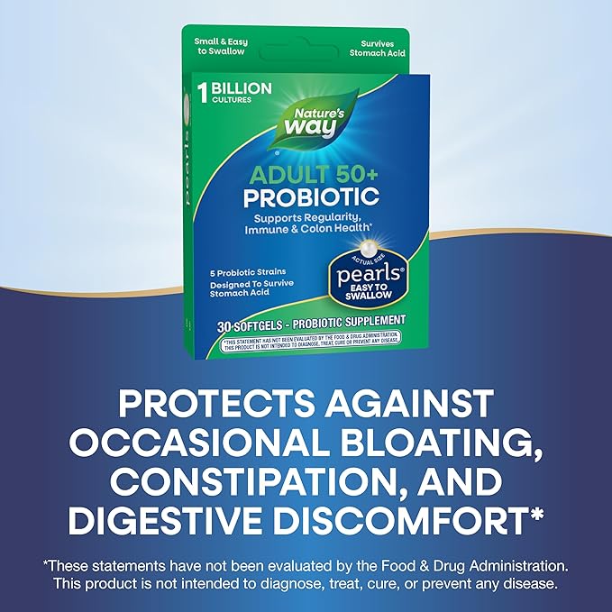 Nature's Way Adults 50+ Probiotic Pearls, Supports Regularity, Immune and Colon Health*, 1 Billion Cultures, No Refrigeration Required, 30 Softgels (Packaging May Vary)