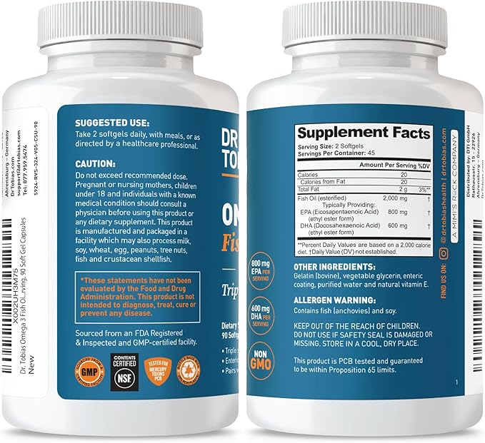 Dr. Tobias Omega 3 Fish Oil, 2000mg Triple Strength with 800mg EPA 600mg DHA Per Serving, Fish Oil Omega 3 Supplements for Heart, Brain & Immune Support, 90 Softgels, 45 Servings