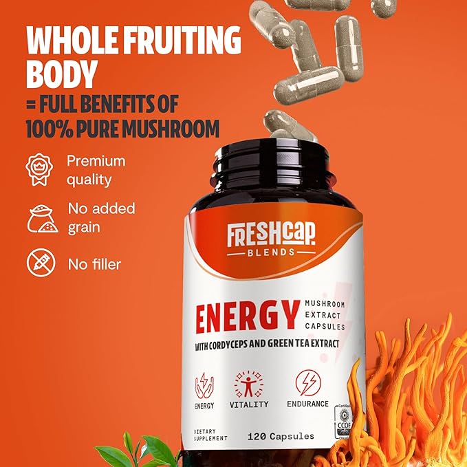 FreshCap 5-in-1 Energy Supplements, Energy Supplements for Women and Men, Energy Boosters for Fatigue, Energy Support, Cordyceps Extract, Ayurveda Cordyceps Mushroom Blend Capsules (120 Capsules)
