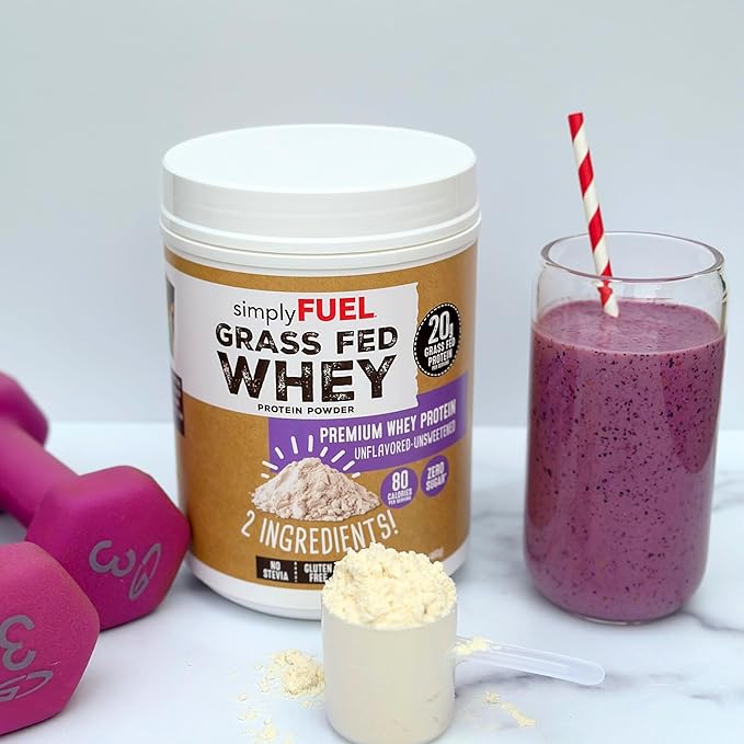 100% Grass Fed Whey Protein Powder - Only 2 Ingredients, Unflavored, Unsweetened, Gluten Free, No Soy, 20g Protein - Zero Sugar, No Carb Clean Protein - Muscle Growth and Recovery 1LBS