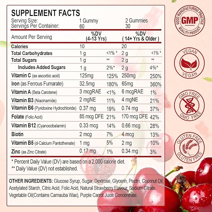 Iron Gummies Supplement for Women, Men & Kids, Iron 65mg with 250mg Vitamin C B6 B12 Folate Healthy Blood, Energy & Immune Support Gentle on Stomach Ferrous Fumarate, 120 Count