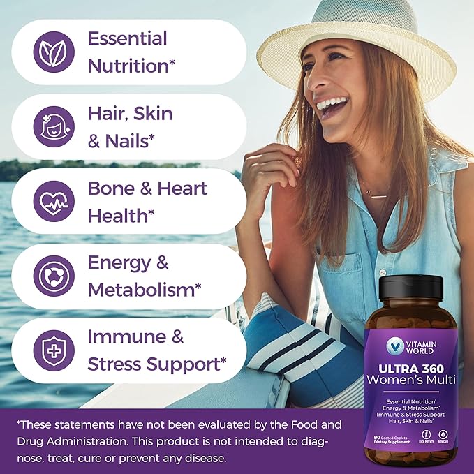 Vitamin World Ultra 360 Multivitamin for Women, Women's Multivitamin with Herbs & Collagen for Hair, Skin & Nails, Supplement with Iron, Vitamin A, B, C, D, E for Energy & Immune Support, 90 Caplets