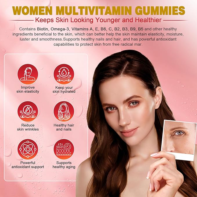 Sugar-Free Womens Multivitamin Gummies, Methylated Multivitamin for Women/w Omega-3, Calcium, Enzymes & Probiotic, Vitamin A, C, D3, Folate, Biotin, Inositol - Skin, Hair Growth, Immune, Bone - Vegan