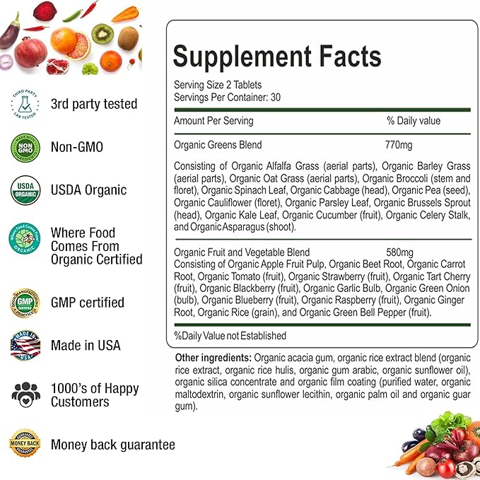 Organic Superfood Greens Fruits and Veggies Complex - Best Dietary Supplement with 14 Greens &14 Fruits & Vegetables with Alfalfa Rich in Antioxidants Organic Ingredients Non-GMO (180 Count Pack of 3)
