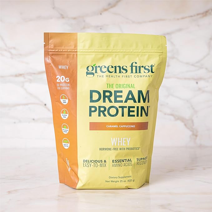 Greens First Dream Protein Powder Whey - 20g Protein Per Serving - Hormone-Free with Prebiotics - Non-GMO - No Artificial Sweeteners/MSG/Aspartame (Caramel Cappuccino, 25 oz)