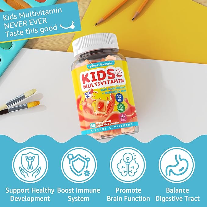 Kids Multivitamin Liquid Filled Gummies, Kids Vitamins for Ages 4+ with Probiotic, Omega 3, Iron, Support Immune & Brain Health, Digestive Health, Non GMO, Gluten Free, Chewable Fruit Flavor