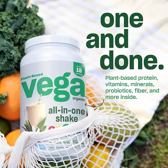 Vega Organic All-in-One Vegan Protein Powder, French Vanilla -Superfood Ingredients, Vitamins for Immunity Support, Keto Friendly, Pea Protein for Women & Men, 13.5 oz (Packaging May Vary)