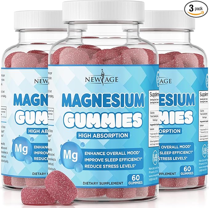 Magnesium Gummies - Calming Anti-Stress Gummies, Magnesium Supplement for Adults and Kids, Vegan, Gelatin-Free, Gluten-Free, Non-GMO, Delicious Natural Raspberry Flavor- 180 Count - by New Age