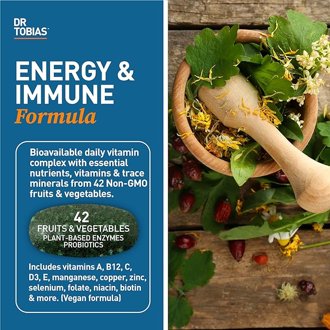 Dr. Tobias Adult Multivitamin for Women & Men, Immune Supporting Vitamins from 42 Fruits, Vegetables, Plus Probiotics, Vegan Multivitamins for Men & Women, Non-GMO, 180 Tablets, 60 Servings