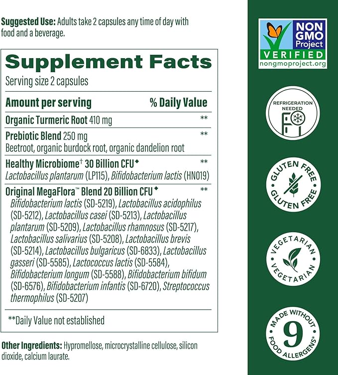 MegaFood MegaFlora Probiotic + Prebiotics + Turmeric Supplement - Probiotics for Women Digestive Health - 50 Billion CFUs - 14 Strains - Vegetarian - 90 Capsules (45 Servings)