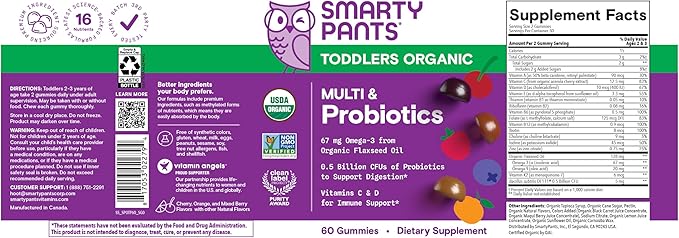 SmartyPants Organic Toddler Multivitamin Gummies: Probiotics, Omega 3 (ALA), Vitamin D3, C, Vitamin B12, B6, A, K & Zinc, Beta Carotene, Gluten Free, Three Fruit Flavors, 60 Count (30 Day Supply)