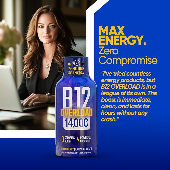 B12 Overload Extra Strength Energy Shot – Mixed Berry– 260mg Caffeine, 14000% B12, Electrolytes – Energy & Vitality Support – Zero Sugar No Calories – Vegan, Kosher, Gluten-Free – 1.93 fl oz, 24-Pack