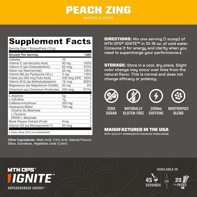 MTN OPS Ignite Energy Drink Powder, Gluten Free Nitric Oxide Supplement Drink Mix, L Arginine, L Citrulline, Caffeine & Nootropic Sugar Free Drink Mix, 45 Servings, Peach Zing