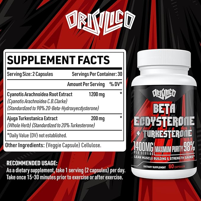 1400mg Beta Ecdysterone and Turkesterone Supplements, Maximized 98% Beta Ecdysterone & 20% Turkesterone Extract for Muscle Mass,Strength, Protein Synthesis, 60 Capsules