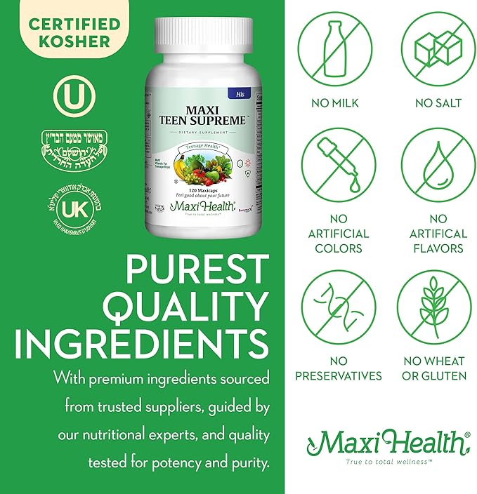 Maxi Health Teen Supreme HIS Vitamins for Teen Boys (120) - Teen Multivitamin for Young Men Ages 12 17 - Daily Teen Vitamins for Nutrition, Energy, Immune Support, Antioxidants & Teen Boy Needs