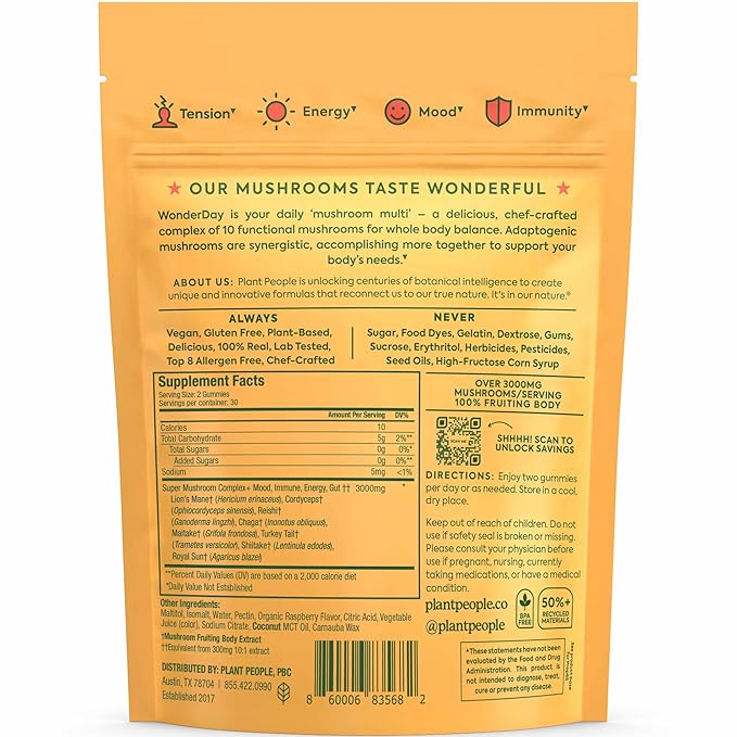Plant People WonderDay Mushroom Gummies - Lion’s Mane, Cordyceps, Chaga Mushroom Supplement to Support Immune System De-Stress Boost Mood & Energy in Adults Natural, Vegan, Non-GMO (60 Count)