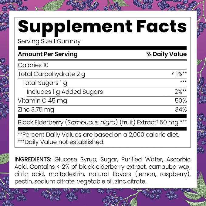 Elderberry Vitamin C and Zinc Gummies for Kids & Adults - Sambucus Elderberry Gummies Immune Support, Natural Berry Flavor, Vegan, Gluten-Free, 60 Gummies (2-Month Supply)