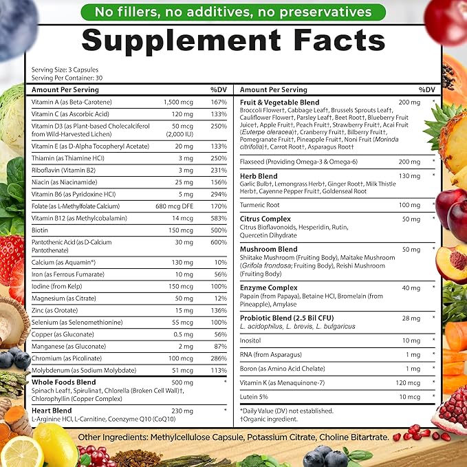 Vegan Whole Food Multivitamin with Iron, Daily Multivitamin for Women and Men, Made with Fruits & Vegetables, B-Complex, Probiotics, Enzymes, CoQ10, Omegas, Turmeric, Non-GMO, 90 Count