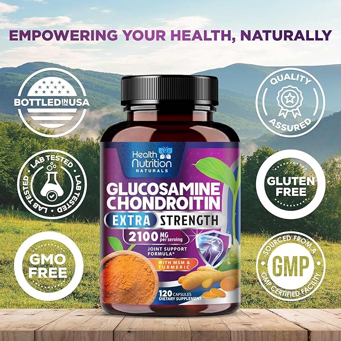 Glucosamine Chondroitin MSM Complex - 2100mg Joint Support Supplement with Turmeric & Boswellia - Quercetin for Joints, Bones, Knees & Mobility - Triple Strength Glucosamine Sulfate - 120 Capsules