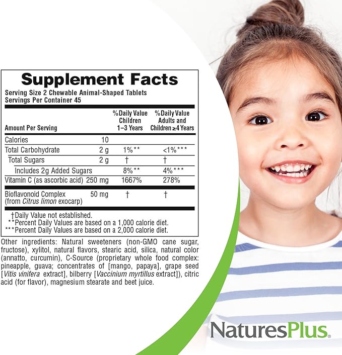 NaturesPlus Animal Parade Vitamin C Children's Chewable - Natural Orange Juice Flavor - 90 Animal-Shaped Tablets, Pack of 2 - Vegan, Vegetarian, Gluten Free - 90 Total Servings