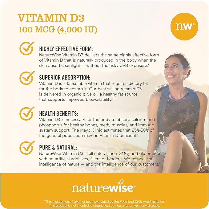 NatureWise Vitamin D3 4000iu (50 mcg) 30-Day Supply for Immune Support, Healthy Muscle Function, and Bone Health - Non-GMO, Gluten Free in Organic Extra Virgin Olive Oil, (Mini Softgel), 30 Count