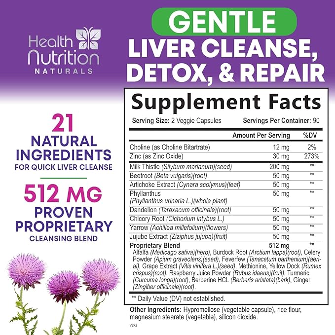 Gentle Liver Cleanse Detox & Repair Formula - Herbal Liver Support Supplement: Milk Thistle with Silymarin, Artichoke Extract, Dandelion, Beet, Chicory Root, & Turmeric for Liver Health - 180 Capsules