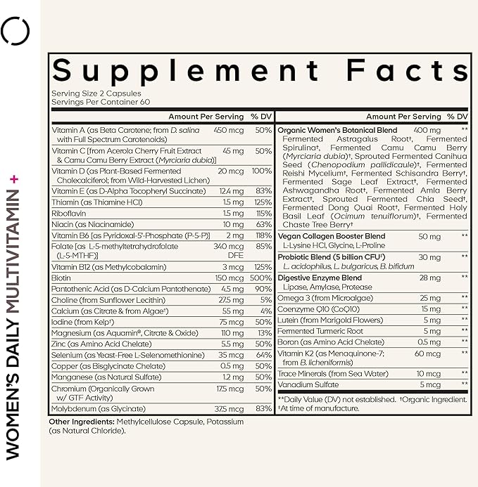 Codeage Women’s Daily Multivitamin, 25+ Vitamins & Minerals, Fermented, Organic Whole Foods, Probiotics Supplement - Vitamin A, Vitamin B, Vitamins C, D, E & K, Omega 3, Zinc – Vegan - 120 Capsules
