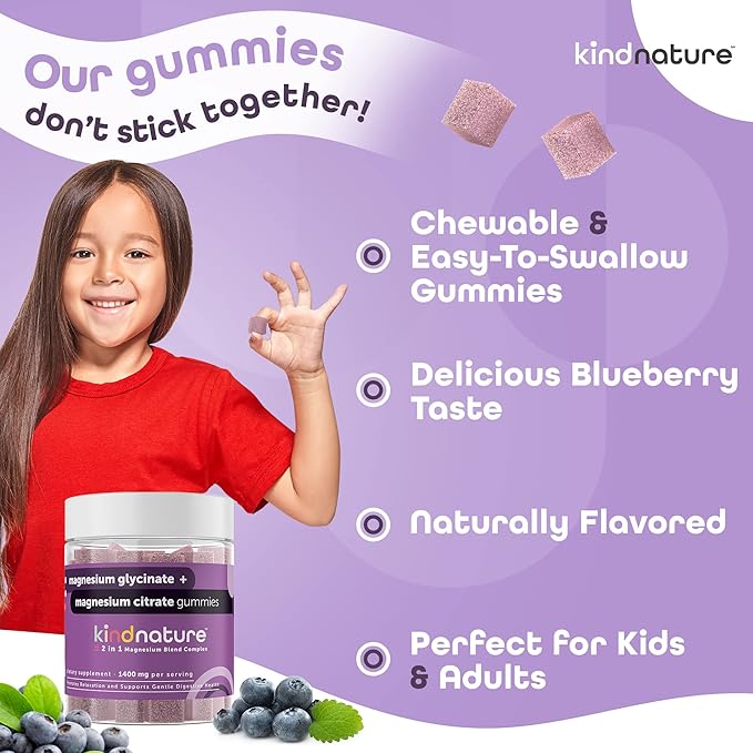 Kind Nature Magnesium Glycinate & Citrate Gummies – Calm Magnesium Complex for Sleep, Stress, Cramps & Digestion – Chewable Vegan Magnesium Supplement for Women, Teens, Adults – 60 Ct