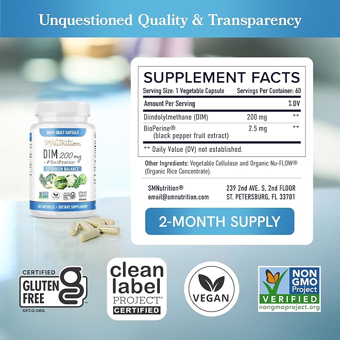 DIM Supplement 200 mg | Estrogen Balance for Women & Men | Hormonal Acne, Hormone Balance, Menopause & Antioxidant Support | Clean Label Project Certified, Vegan & Soy Free Diindolylmethane | 60 Ct.