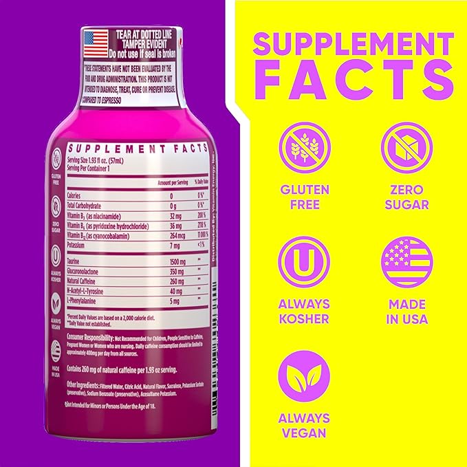 Vitamin Energy B12 11,000% Extra Strength Energy Shot Pink Berry 48 Pack, 260mg Natural Caffeine, B12 & B6, Nootropic Focus, Vitality, Zero Sugar, Gluten-Free, Vegan, Kosher, 1.93 fl oz