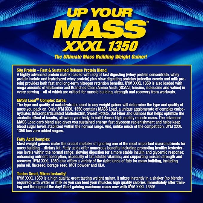 Maximum Human Performance MHP UYM XXXL 1350 Mass Building Weight Gainer, Muscle Mass Gains, w/50g Protein, High Calorie, 11g BCAAs, Leucine, Milk Chocolate, 8 Servings