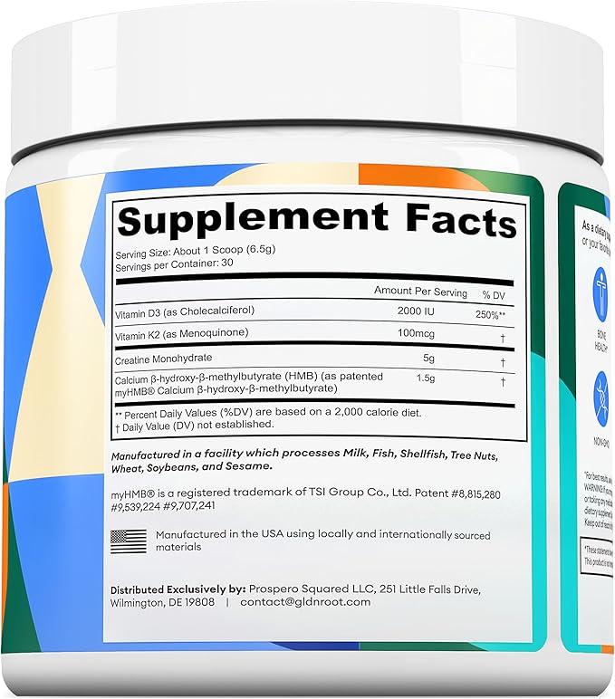GLDN Creatine - Creatine Monohydrate with HMB for sustained Muscle Support and Recovery with Vitamin D3 and K2 for Bone and Joint Health - Designed for Women and Men - Unflavored Powder - 30 Serve