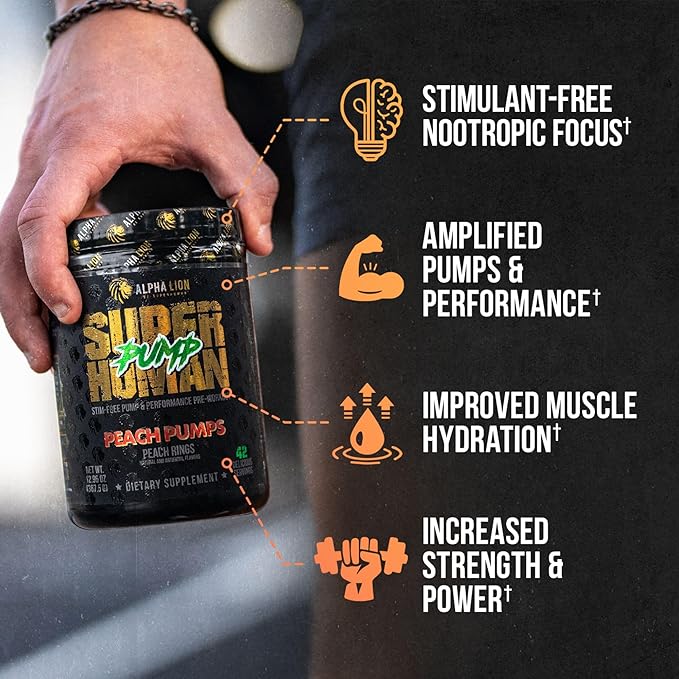 ALPHA LION Superhuman Pump Pre Workout Powder, Nootropic Caffeine & Stim Free Preworkout Supplement, Nitric Oxide Booster, Muscle Gainer, Energy & Focus (42 Servings, Peach Pumps Flavor)
