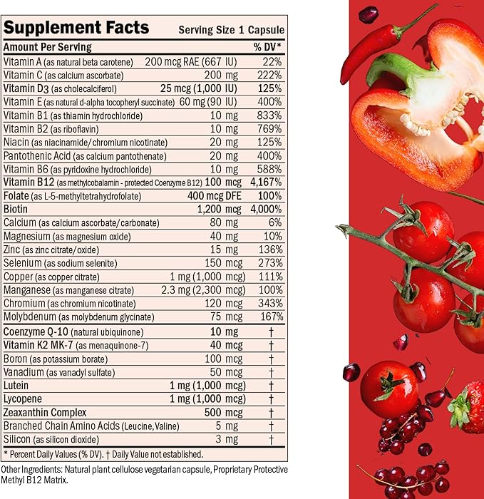 ANDREW LESSMAN Essential-1 Multivitamin 1000 IU Vitamin D3 30 Small Capsules – 100 mcg Methyl B12. CoQ10 Lutein Lycopene Zeaxanthin. High Potency. No Additives. Gentle Ultra-Mild. One Daily Capsule