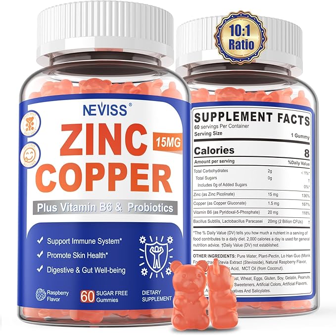 Zinc Gummies with Copper + Probiotics, Vitamin B6 for Max Absorption, Zinc Supplements for Men and Women, Two Essential Minerals Balance Formula for Immunity and Gut Health, Vegan, Non-GMO, 60 Cts
