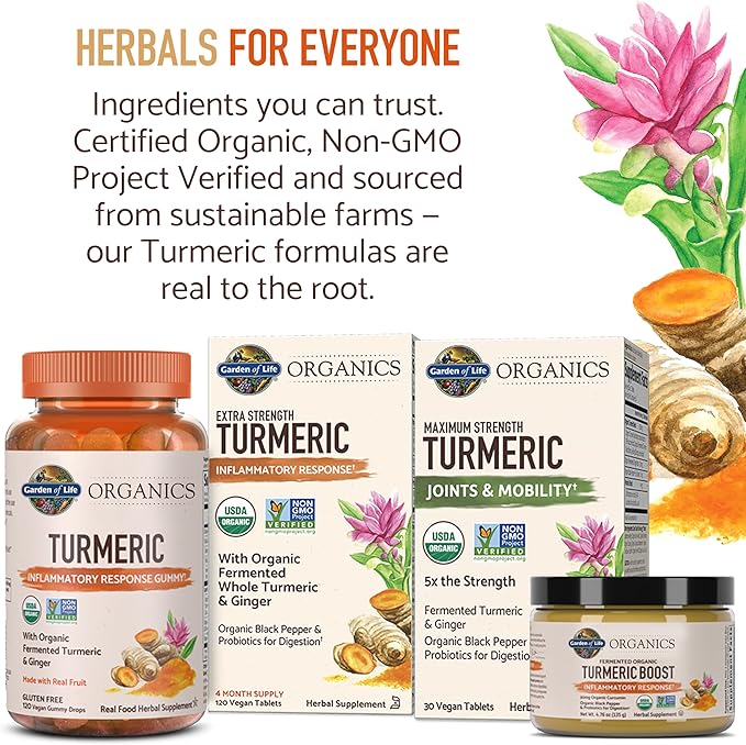 Garden of Life Organics Turmeric Booster Inflammatory Response Powder - 30 Servings, 50mg Curcumin (95% Curcuminoids) & Probiotics, Organic Non-GMO Vegan & Gluten Free Herbal Supplements